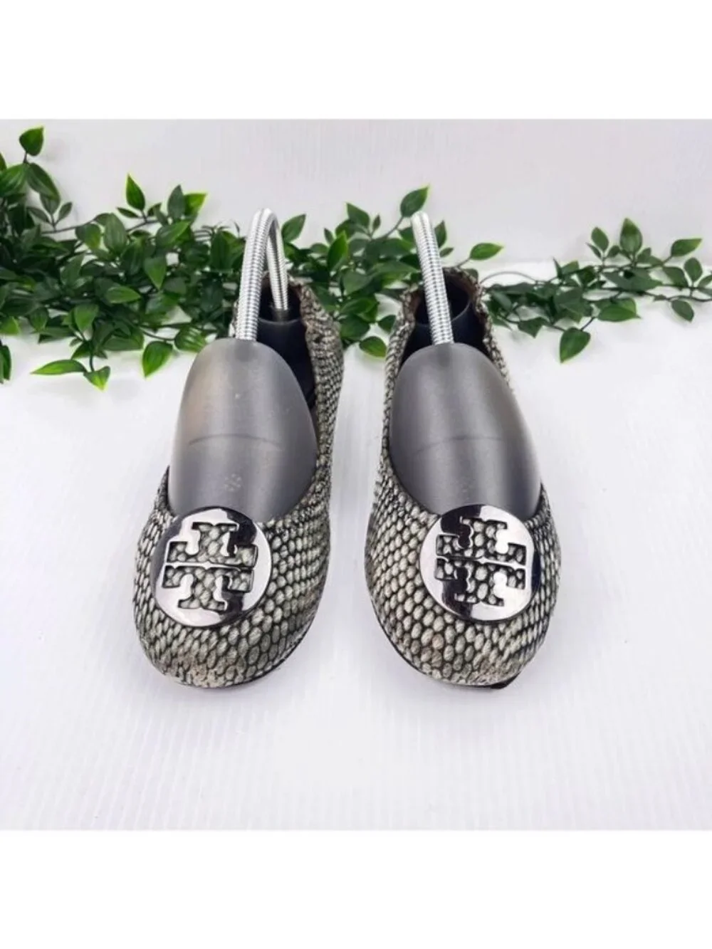 Tory Burch Reva Snake Printed Calf Hair gray Flat 7.5